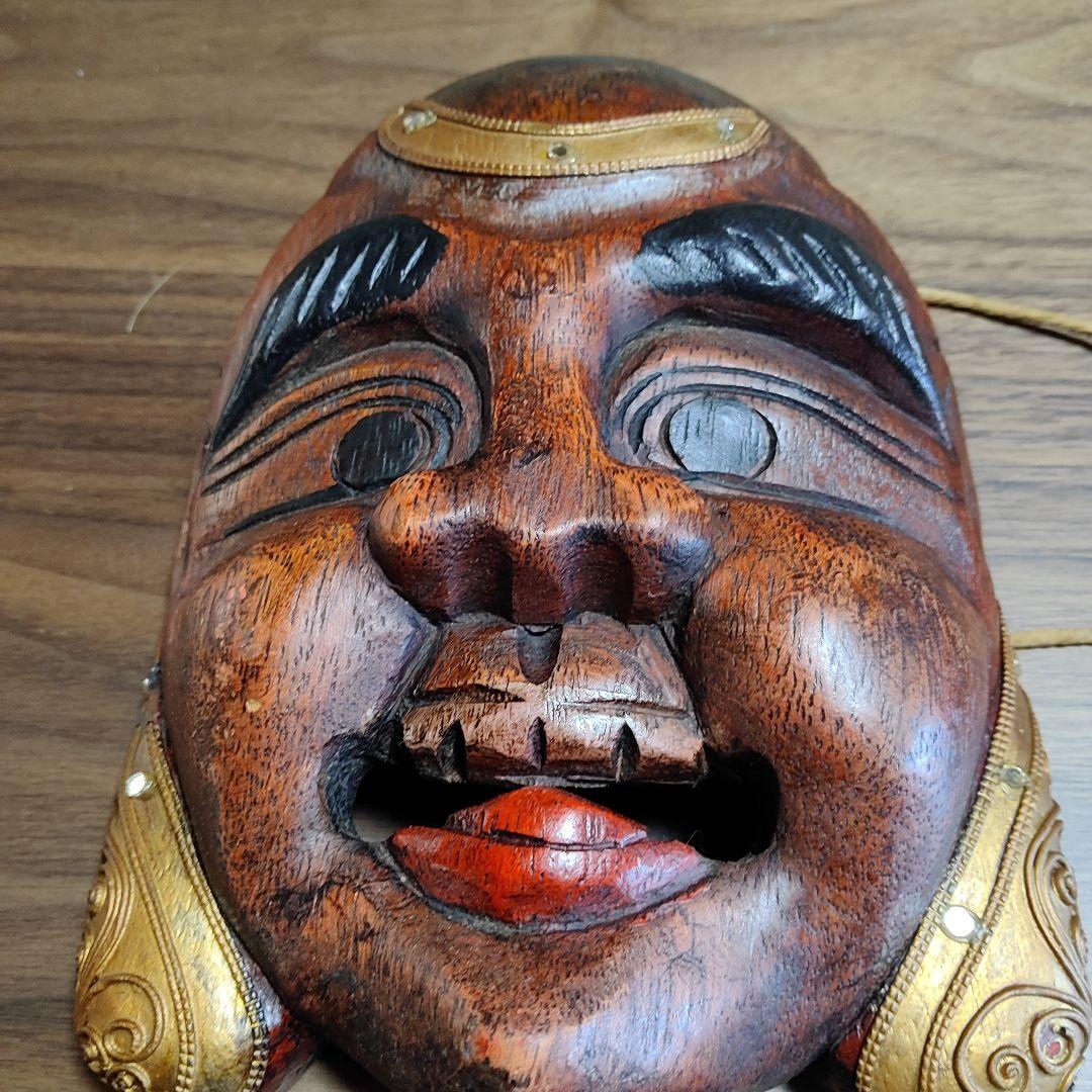 木製 能面 笑顔の表情