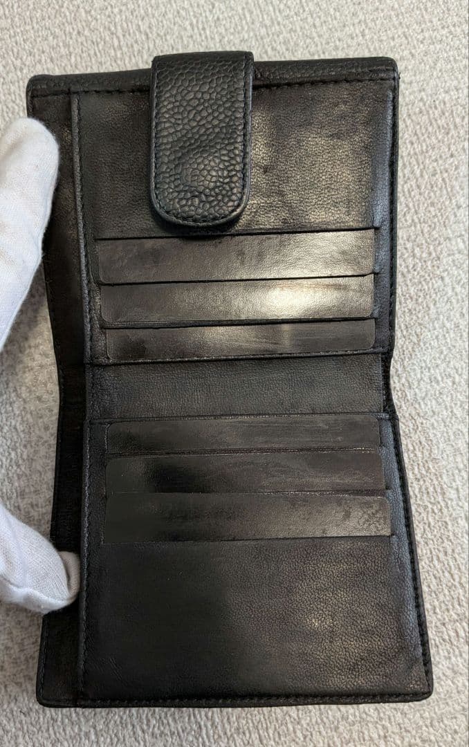 シャネル　デカココ　Wホック折り財布　黒　キャビアスキン　チェーン　ウォレット