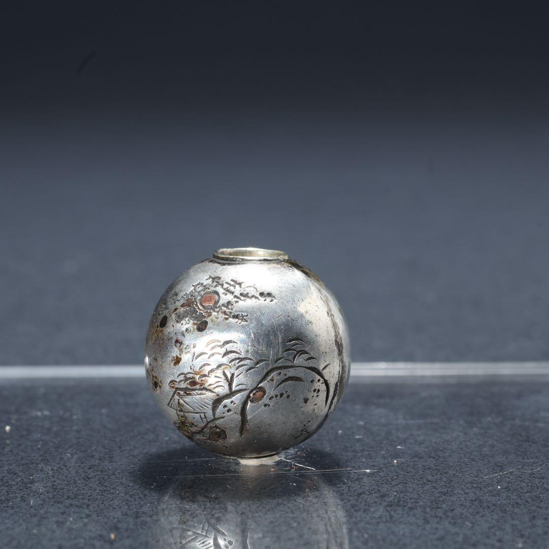 緒締め玉　山水　提げもの　金属　銀　R1650