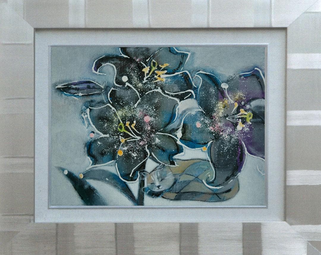 油絵 菅家令子 絵 絵画インテリア 額付(銀) F4-050620 子猫のお昼寝