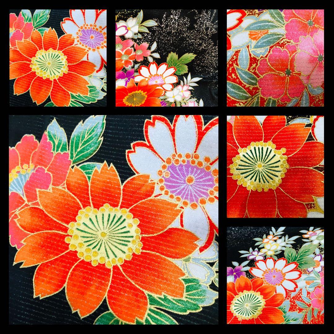 七五三七歳❣️豪華黒地ラメ花々金彩⭐︎正絹全通袋帯刺繍煌びやか⭐︎完全フルセット