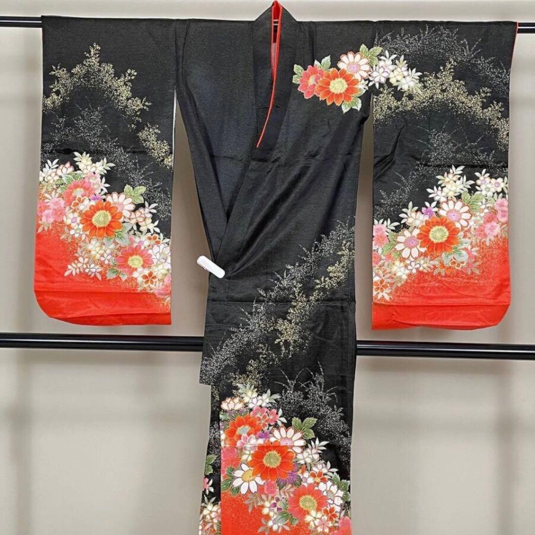 七五三七歳❣️豪華黒地ラメ花々金彩⭐︎正絹全通袋帯刺繍煌びやか⭐︎完全フルセット