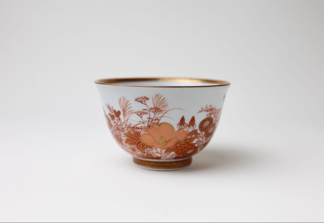 九谷焼 金城竜山 九谷竜山 金彩 赤絵秋草 煎茶器 急須 煎茶道具 煎茶碗