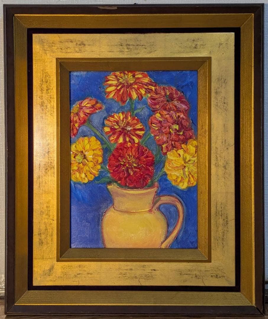 【真作】絵画　油彩4号　彩りの饗宴　花瓶に咲く華　鮮烈な赤と黄の花々　Y136