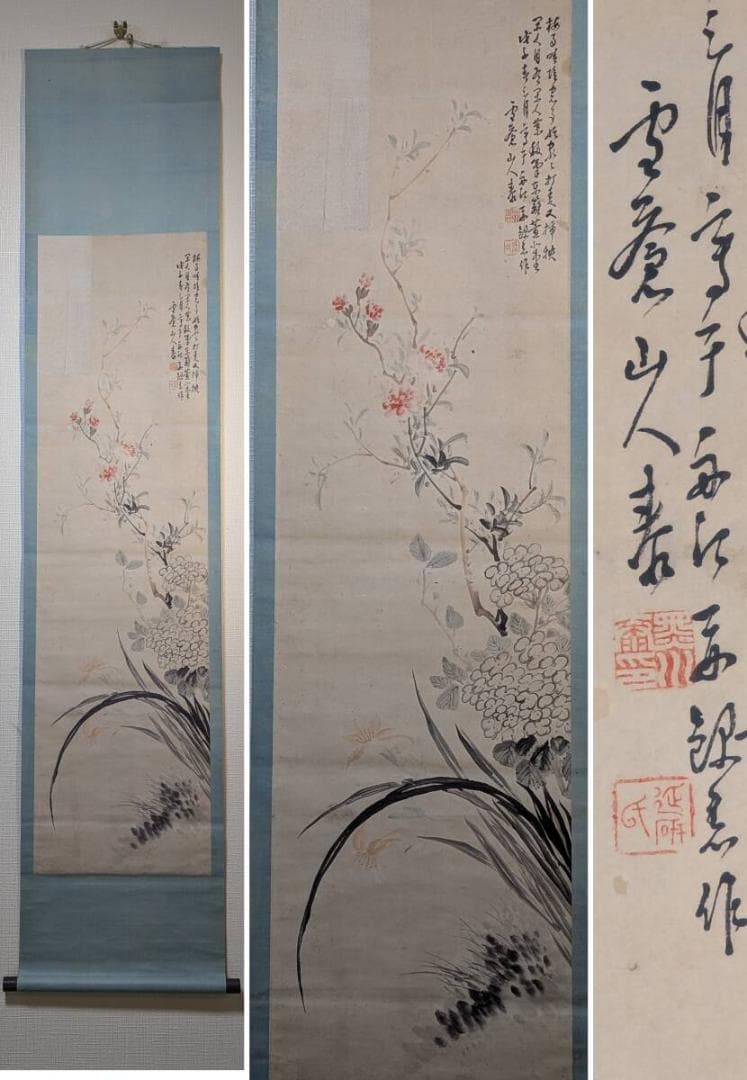 【真作】掛軸　花卉図　彩色花鳥掛軸　繊細な筆致と彩色の美　花鳥文人画　T16