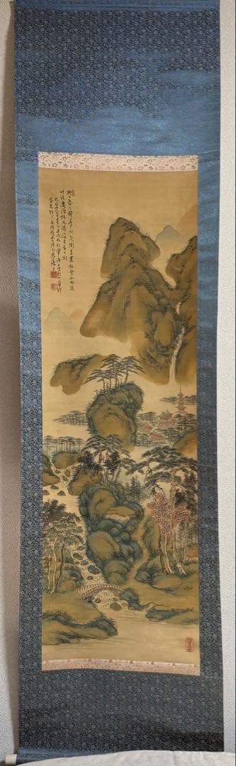 絹本肉筆　青緑山水　藍濤落款　掛軸　木箱入　送料込み250622