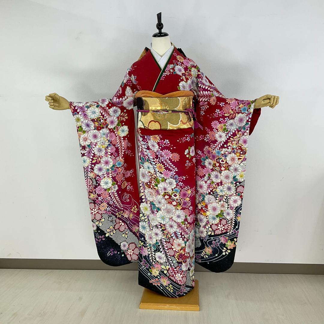 愛　お振袖フルセット　半衿付け　赤　辻が花正絹　美品