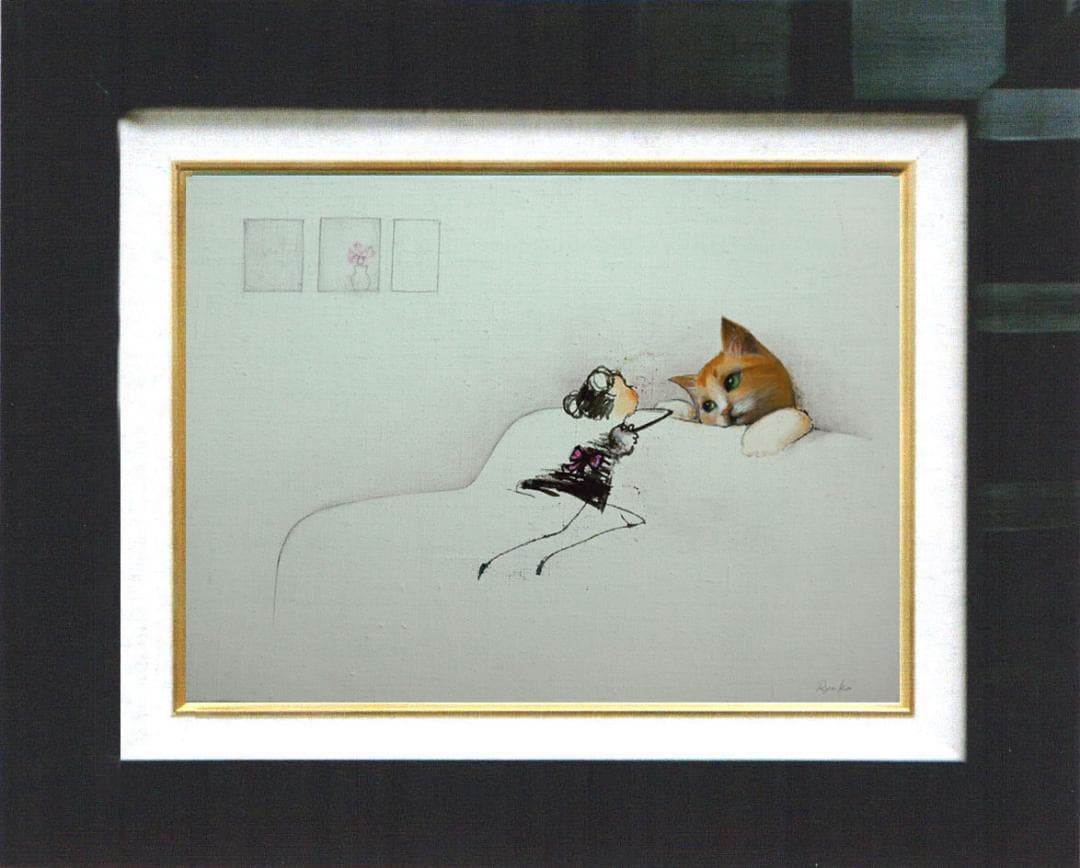 油絵 菅家令子 絵 絵画インテリア 額付(黒) F4-090518 子猫と女の子
