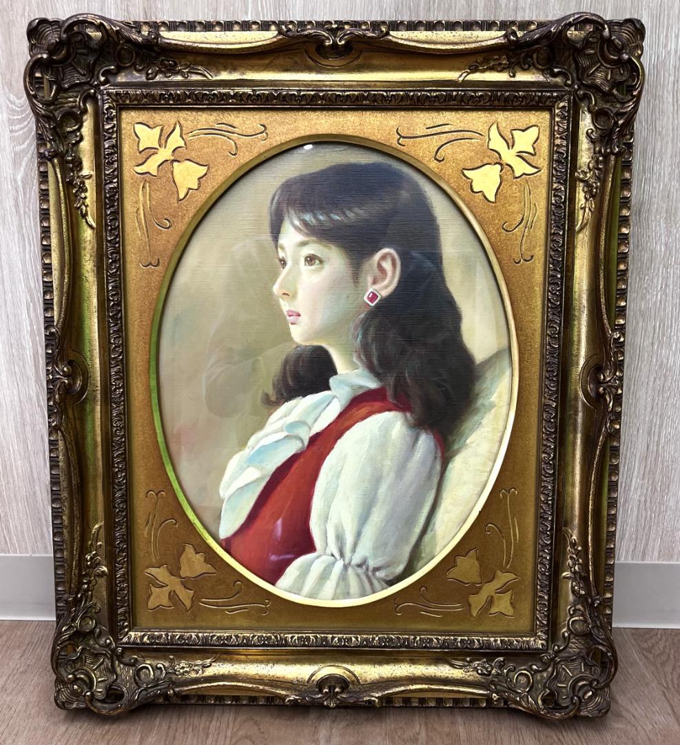 鶴村義美『白いブラウス』油彩画　丸額　希少