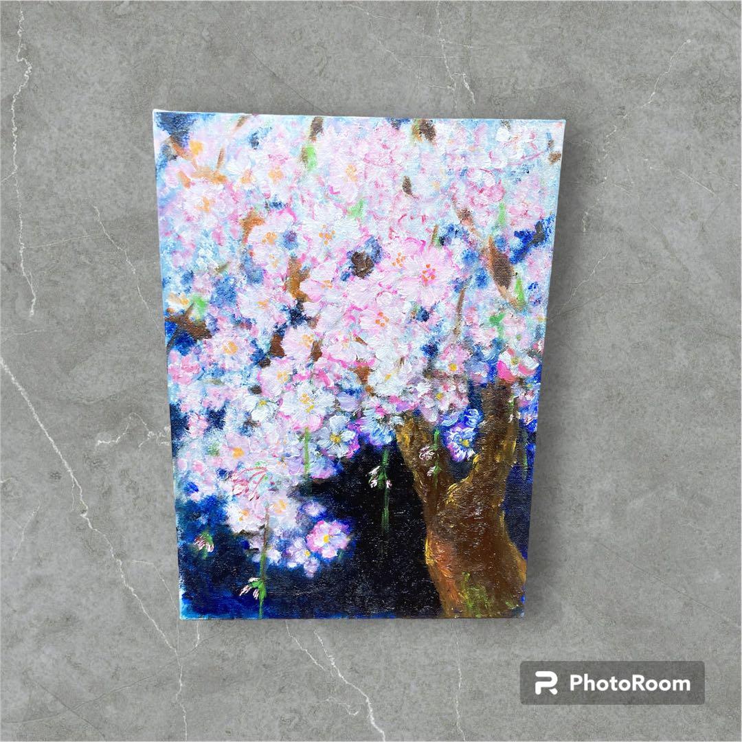 素人の油絵 夜桜 F4号キャンバス 送料無料
