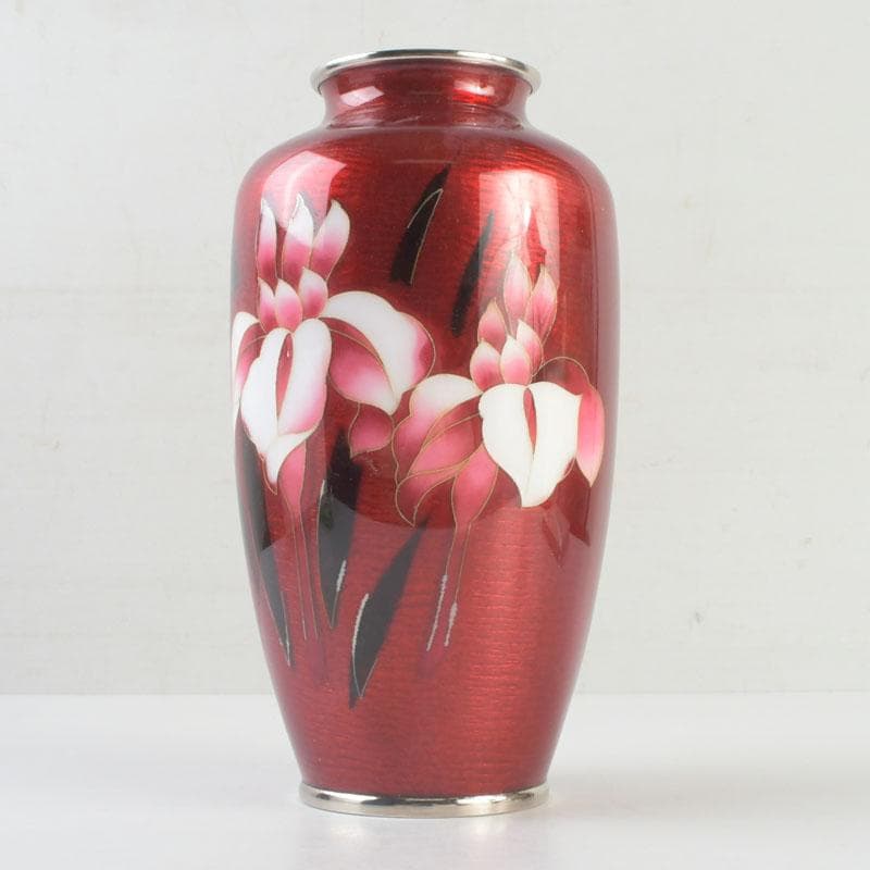 七宝焼　安藤七宝店　赤透釉　花文　花瓶　敷板・箱付　V　9279