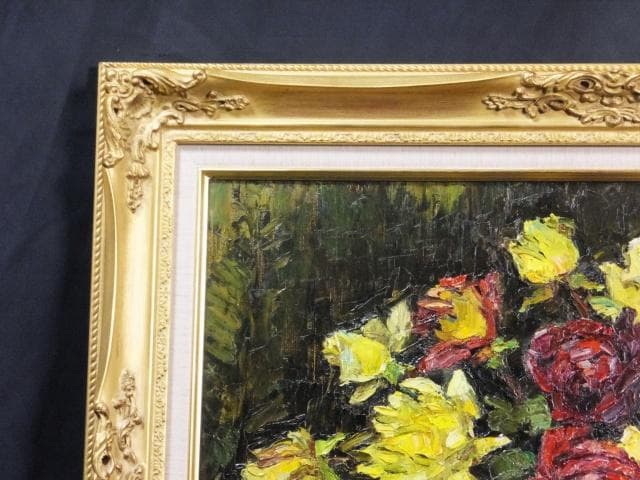 日動画廊取扱　萩谷巌　直筆サイン『ばら』キャンヴァスに油彩 15号 0418L