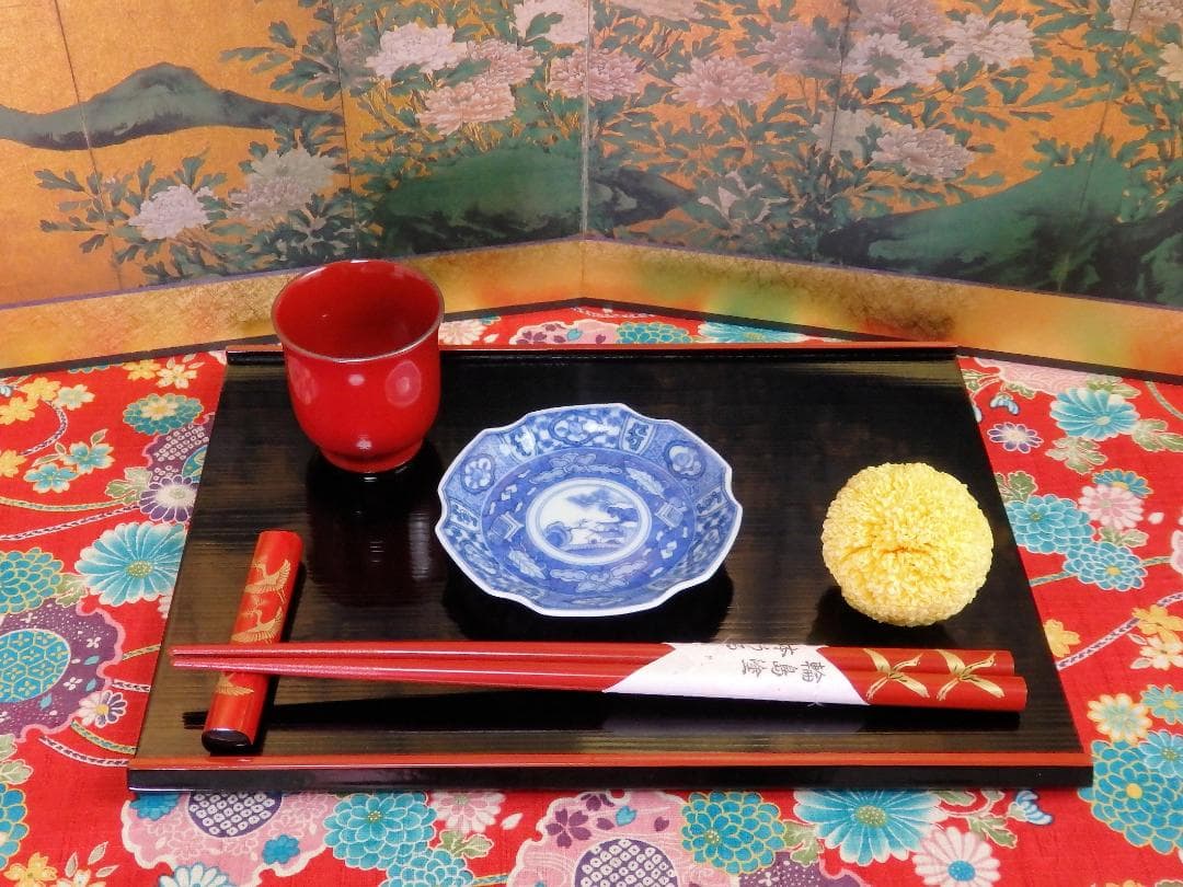 古伊万里　染付　吉祥紋に山村の図　六角豆皿　AS-DBe