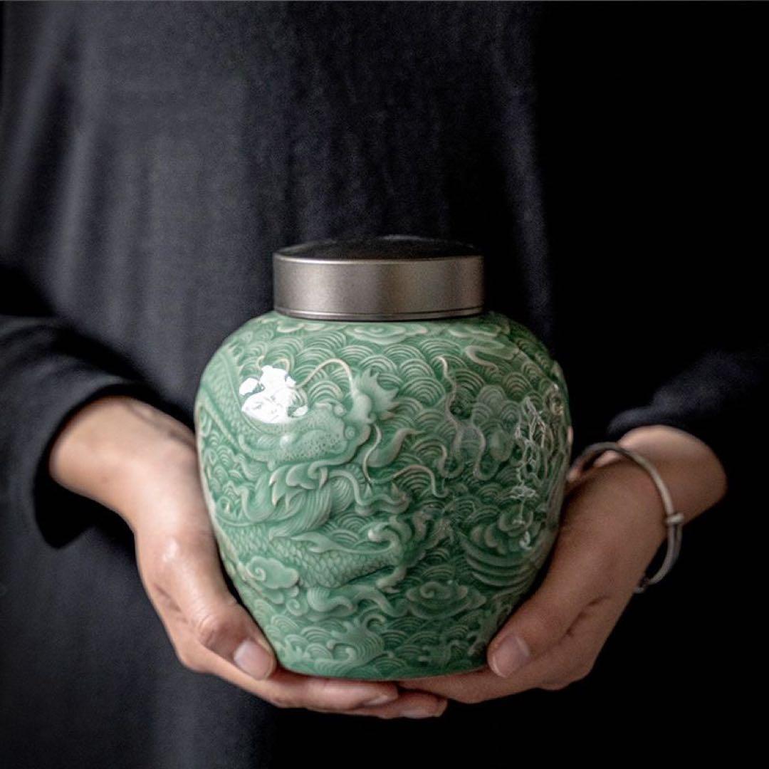新品未使用　中国美術　茶筒　茶器　茶入れ　青磁　茶道具　龍鳳紋　置物