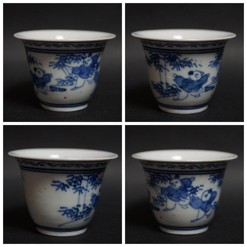 煎茶道具 清 古染付『唐子遊戯図』煎茶碗五客セット 端反口縁/☆時代物☆