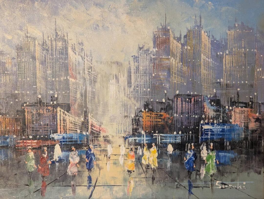 【真作】絵画　油彩6号　街のにぎわい　都市風景　印象派風　都会の情景　W137