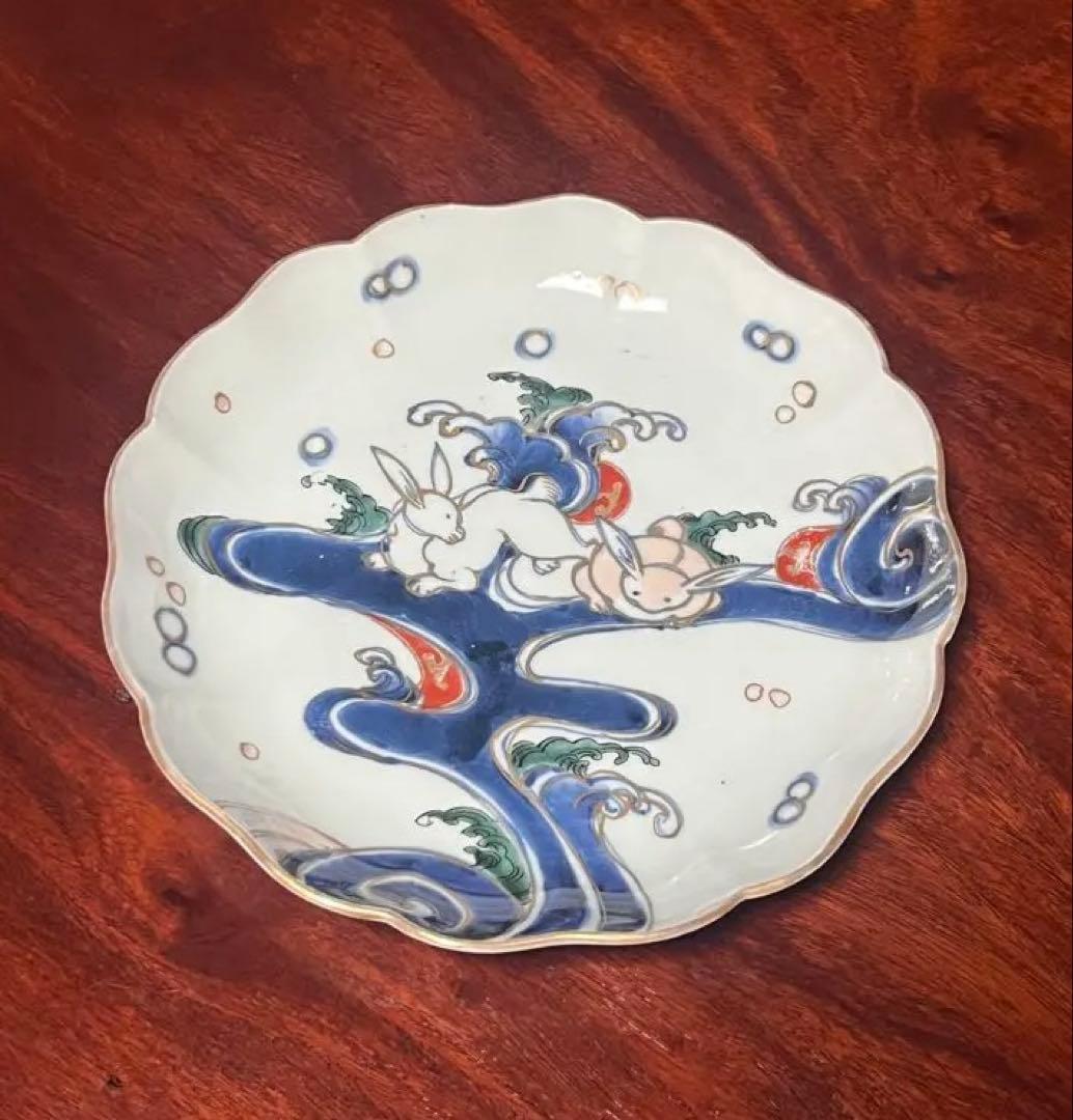 古伊万里　中皿　染錦　色絵　波兎　うさぎ　太明成化年製　柿右衛門　渦福
