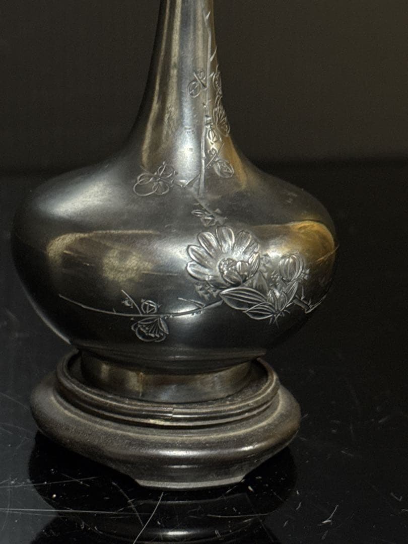 明治期 純銀 在銘 細密彫金 花図 花瓶 花生