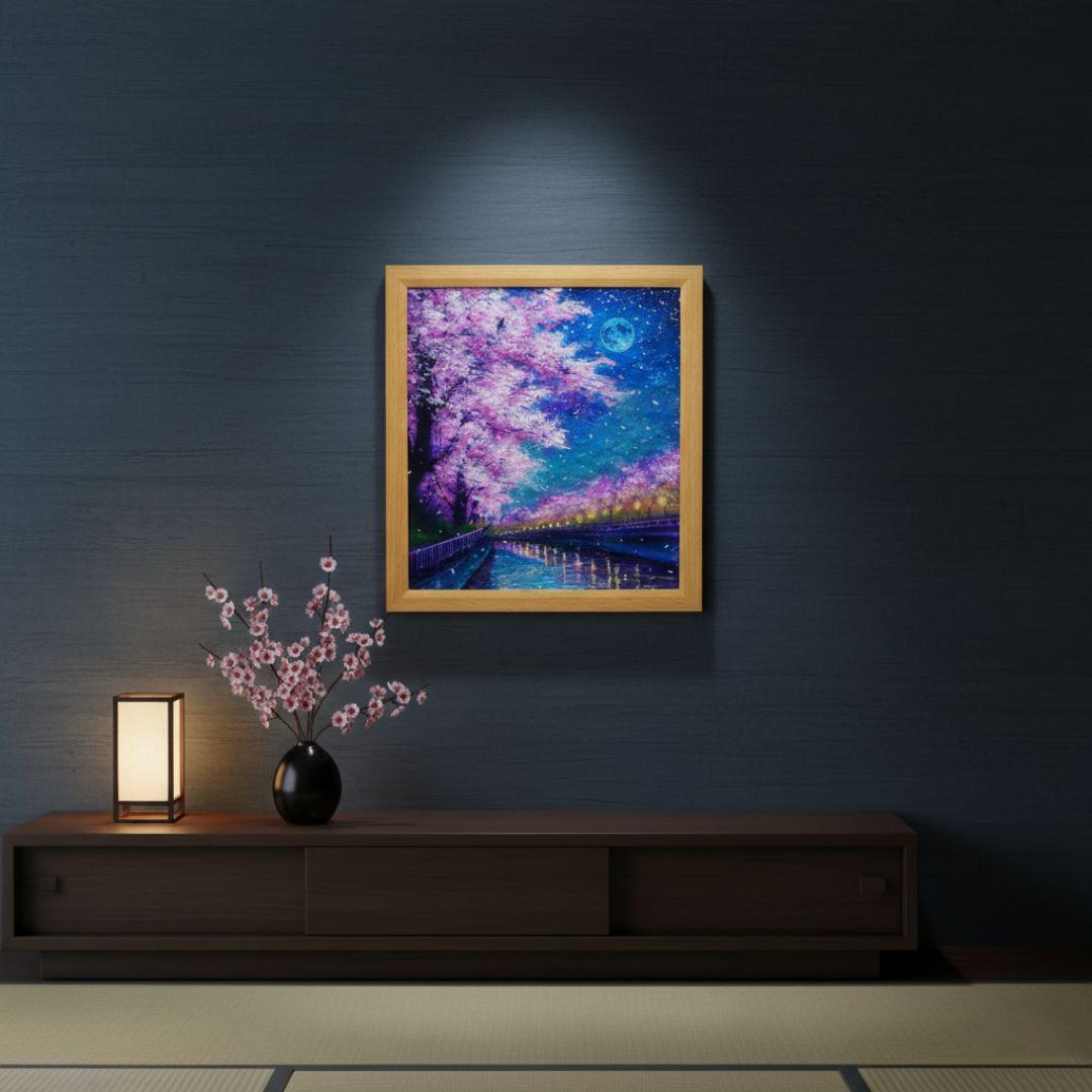 油絵 油彩 油彩画 絵画 絵【青い満月の夜桜】