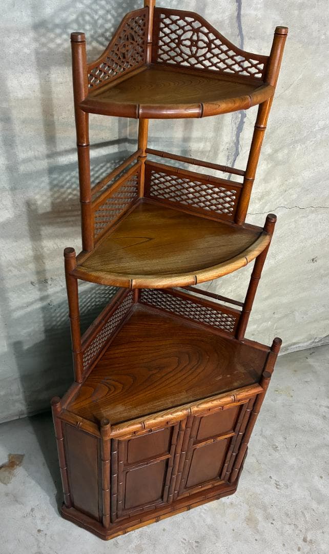 【極美品】高級唐木家具 欅（ケヤキ）コーナーラック 竹節彫り 透かし彫り 飾り棚