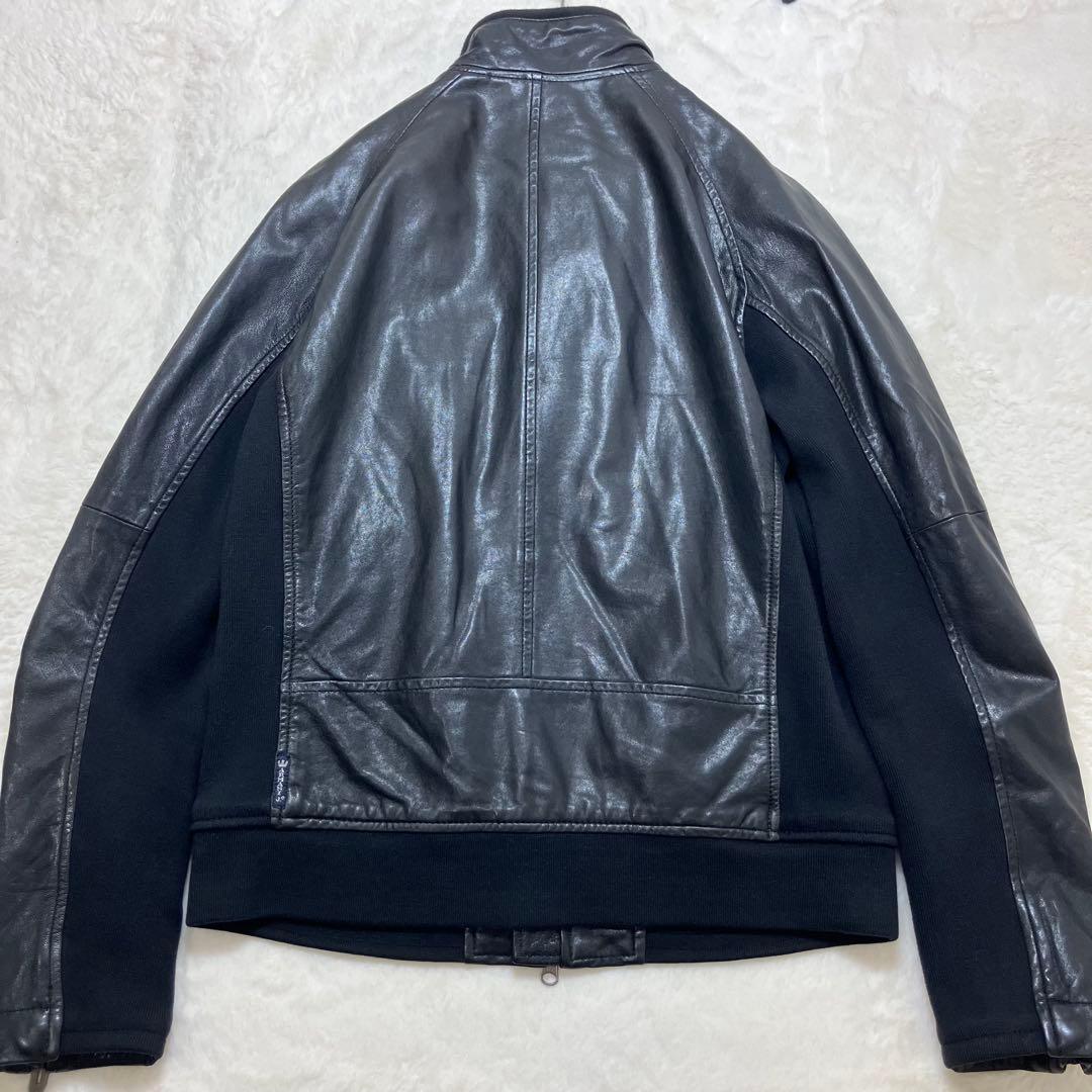 美品 アルマーニジーンズ ニット切替 羊革 ラム レザージャケット ライダース
