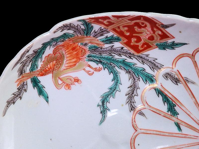 古伊万里　金襴手　陽刻　桐に鳳凰　菊の図　楕円長皿　２枚　F054AS-fbsi