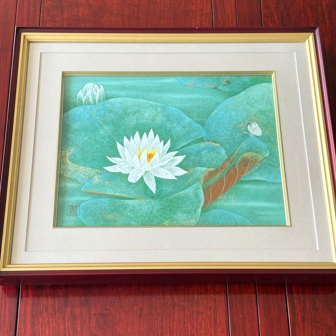 仲林敏次 日本画「朱草（睡蓮）」6号 額装 三重県出身 新興美術院会 一枚の繪G