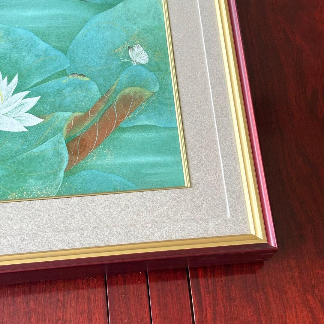 仲林敏次 日本画「朱草（睡蓮）」6号 額装 三重県出身 新興美術院会 一枚の繪G