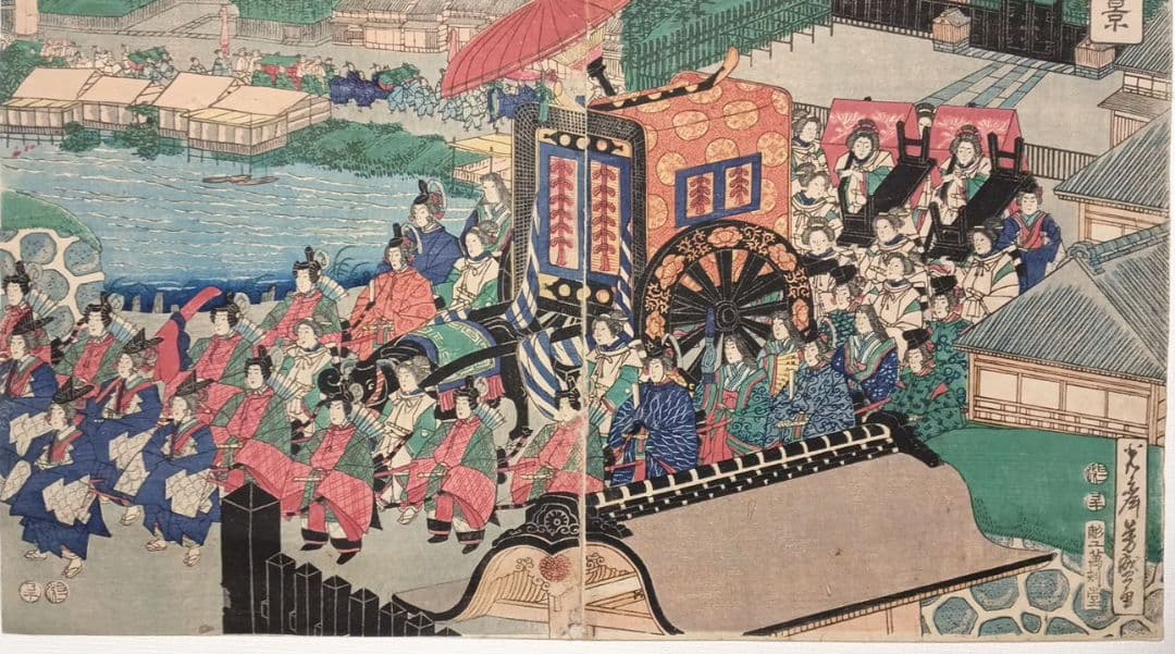 浮世絵版画、東京高輪風景 三枚綴りの右側と真ん中の2枚売り歌川芳盛画明治3年出版