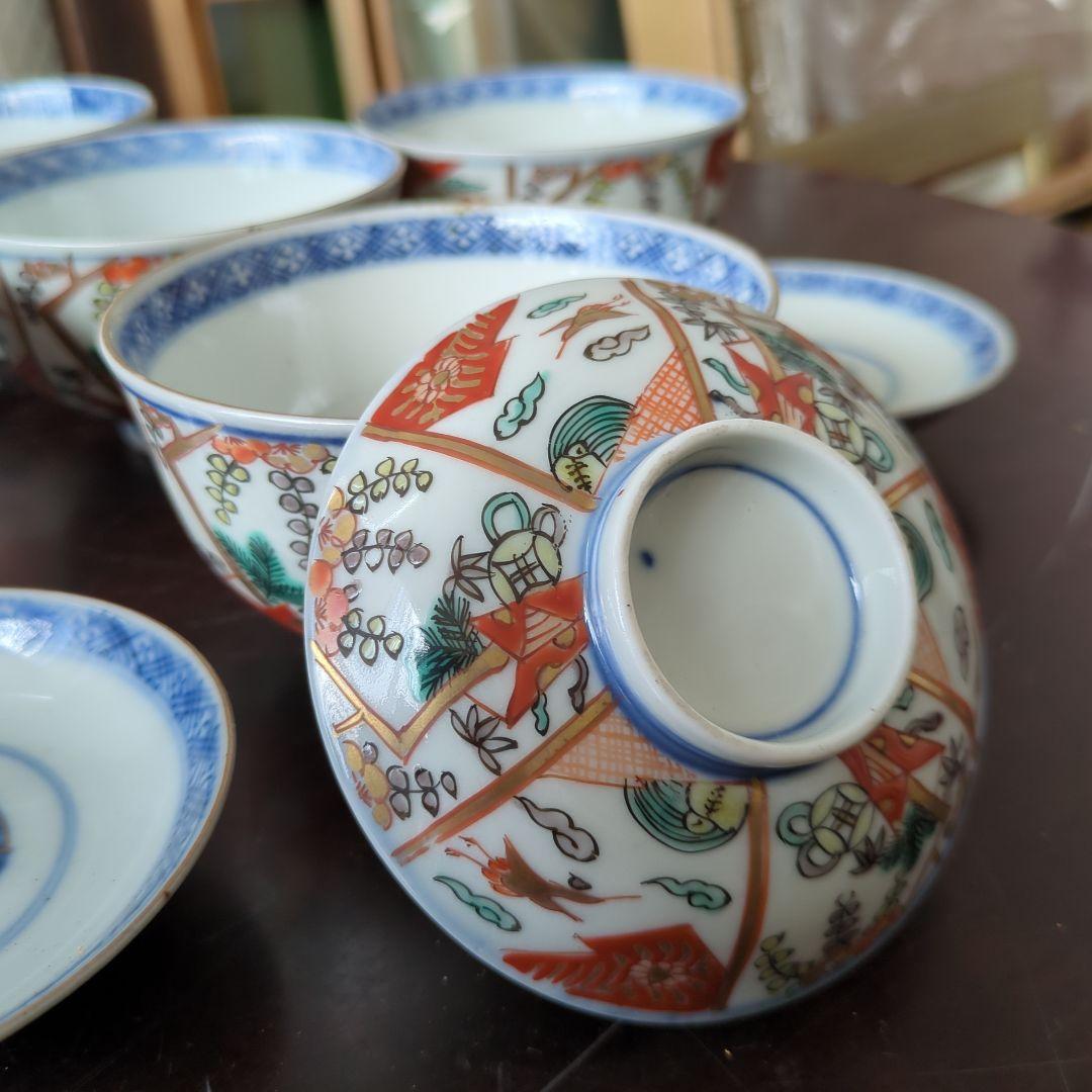 骨董 伊万里 古伊万里 蓋茶碗 色絵 金彩 煮物碗 アンティーク 5つ〜