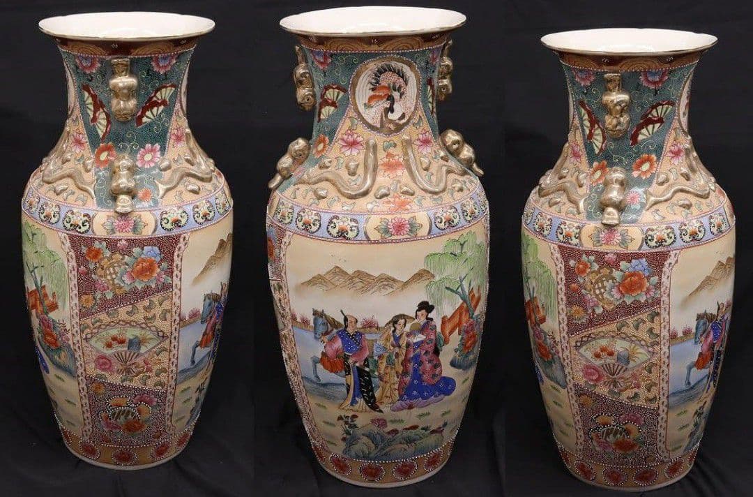 薩摩焼 特大78cm 花瓶 金彩色絵 飾壺 大壷 金襴手 美人画 中国古玩