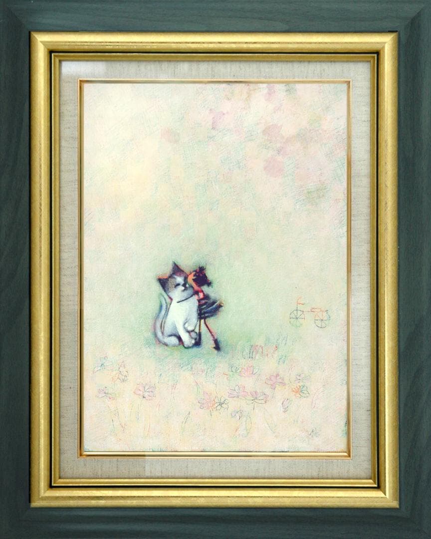 油絵菅家令子絵 絵画インテリア額付(青緑＋金色の枠)F3-051621子猫女の子