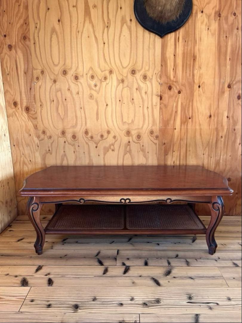 古いローテーブル木製座卓 籐収納棚付きアンティークヴィンテージレトロ