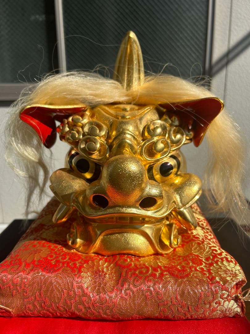 【井波彫刻　野村清宝作　獅子頭　木彫　金箔貼り　】一刀彫　縁起置物　木工芸