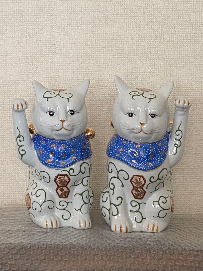 伊万里招き猫陶器開運 縁起物置物商売繁盛 一対