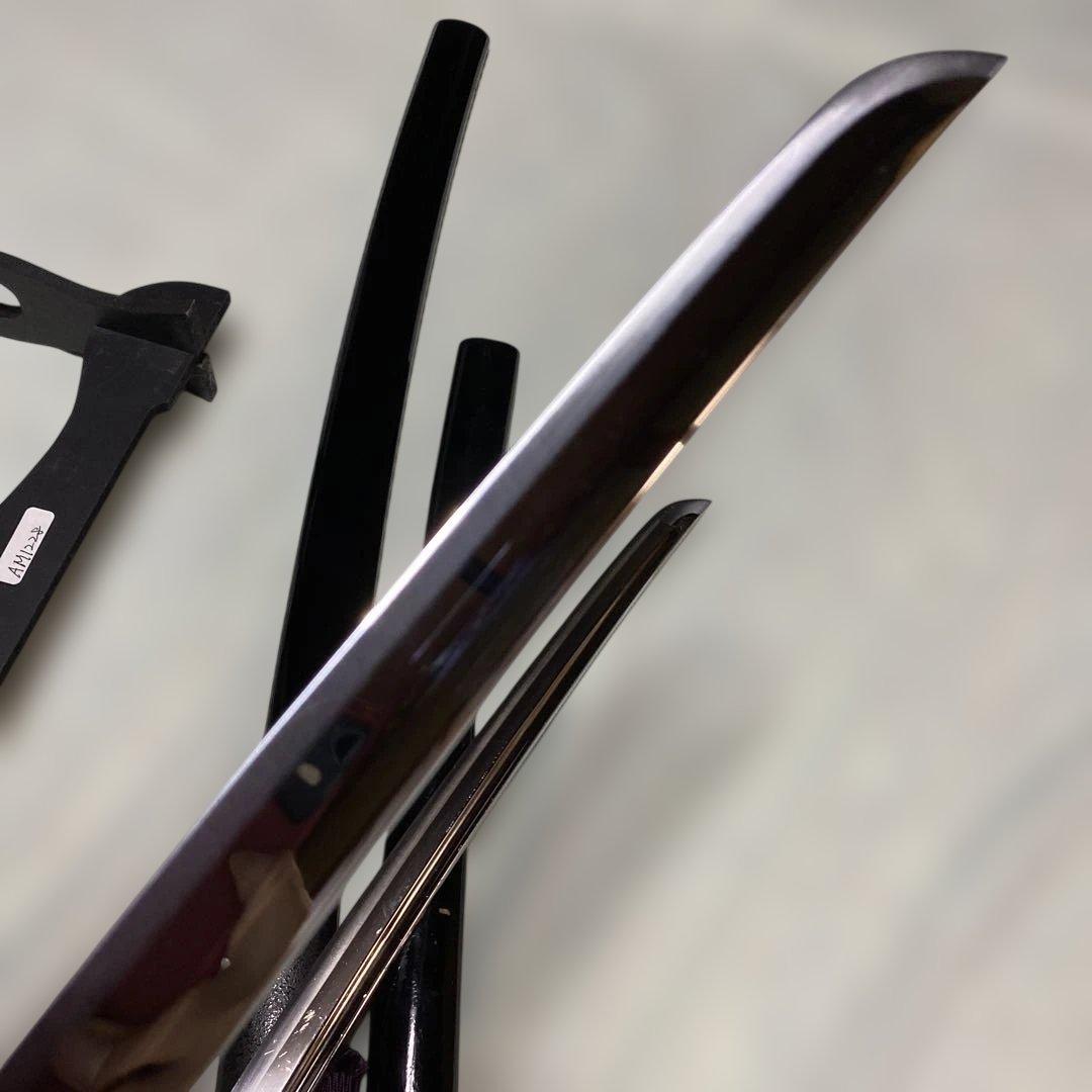 高級模造刀(明智光秀拵え)と脇差居合刀(2本刀掛台付) 紫柄と黒