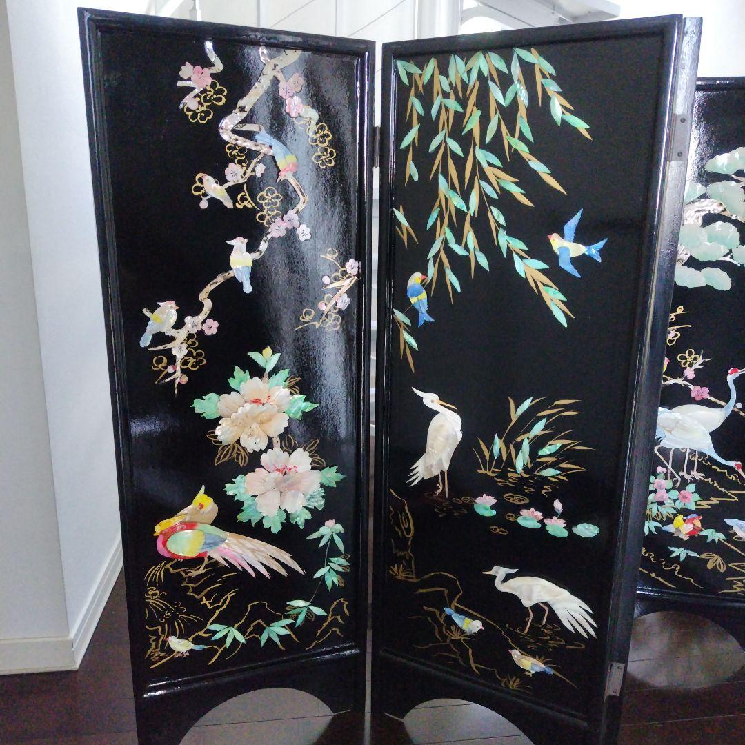 美品！骨董品 アンティーク 漆塗り 艶やか貝細工 花鳥風月 パーティション 屏風