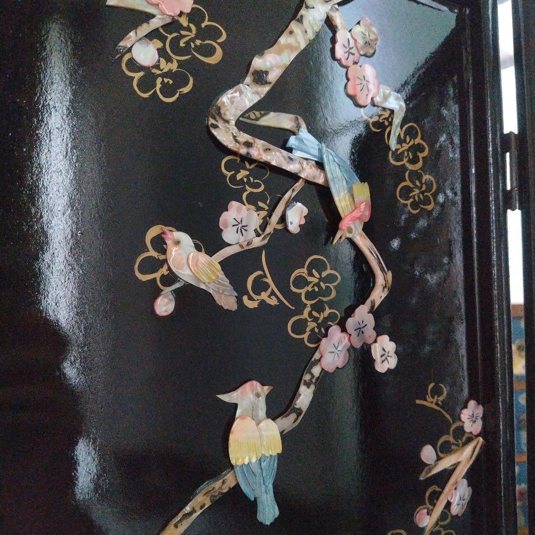 美品！骨董品 アンティーク 漆塗り 艶やか貝細工 花鳥風月 パーティション 屏風