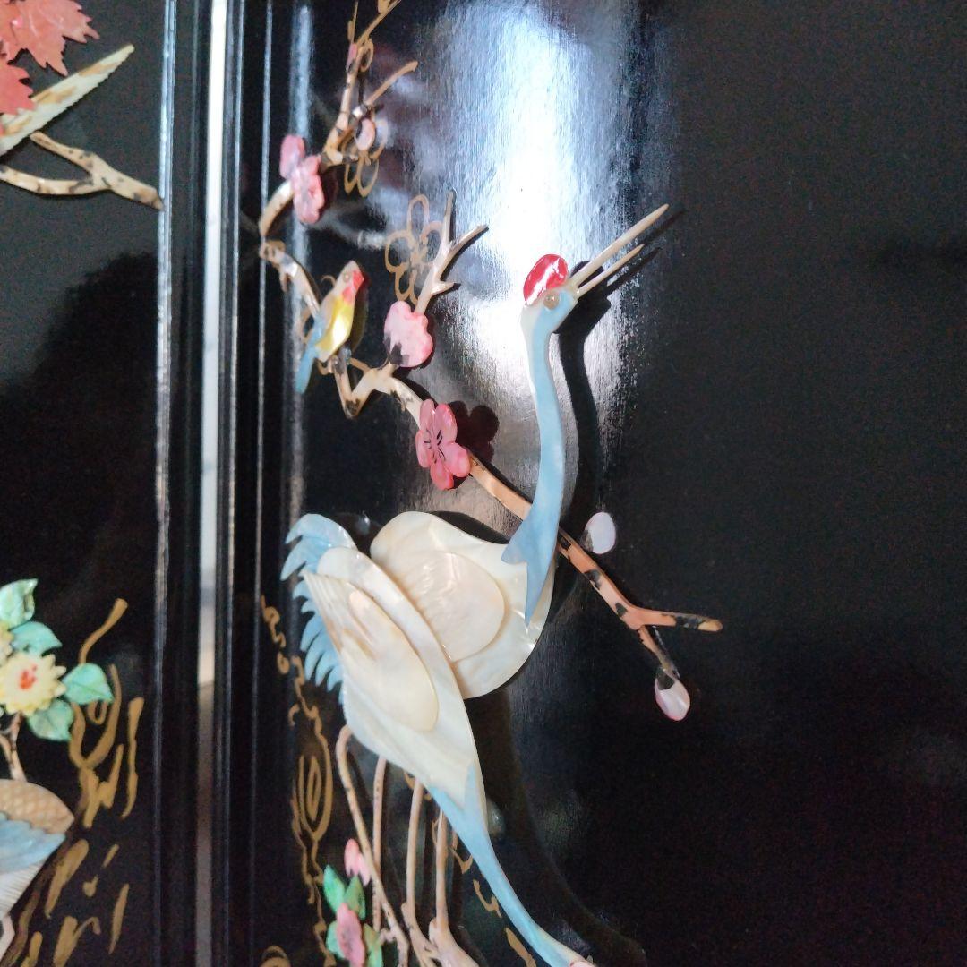 美品！骨董品 アンティーク 漆塗り 艶やか貝細工 花鳥風月 パーティション 屏風
