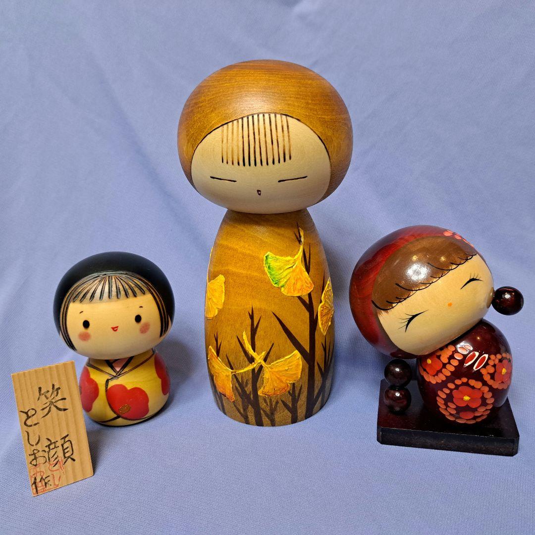 渡辺雄二/秋色　関口としお作/笑顔　里の子/千栄作　創作こけし　3点セット