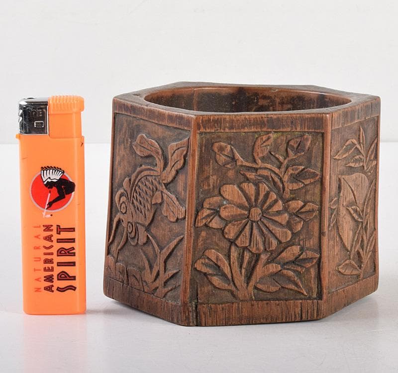 中国　書道具　古竹　花彫　筆筒　M　R4936