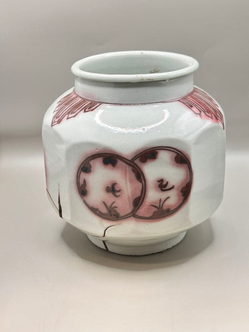 白磁辰砂鳥文面取壺　壺　アンティーク　李朝