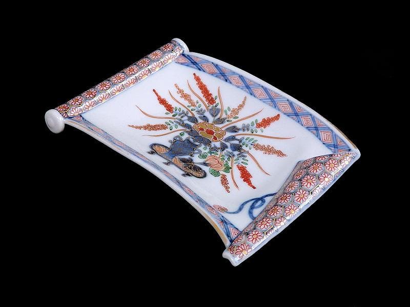 大聖寺伊万里　生け花の図　巻物型変形皿　E329AS-CQp