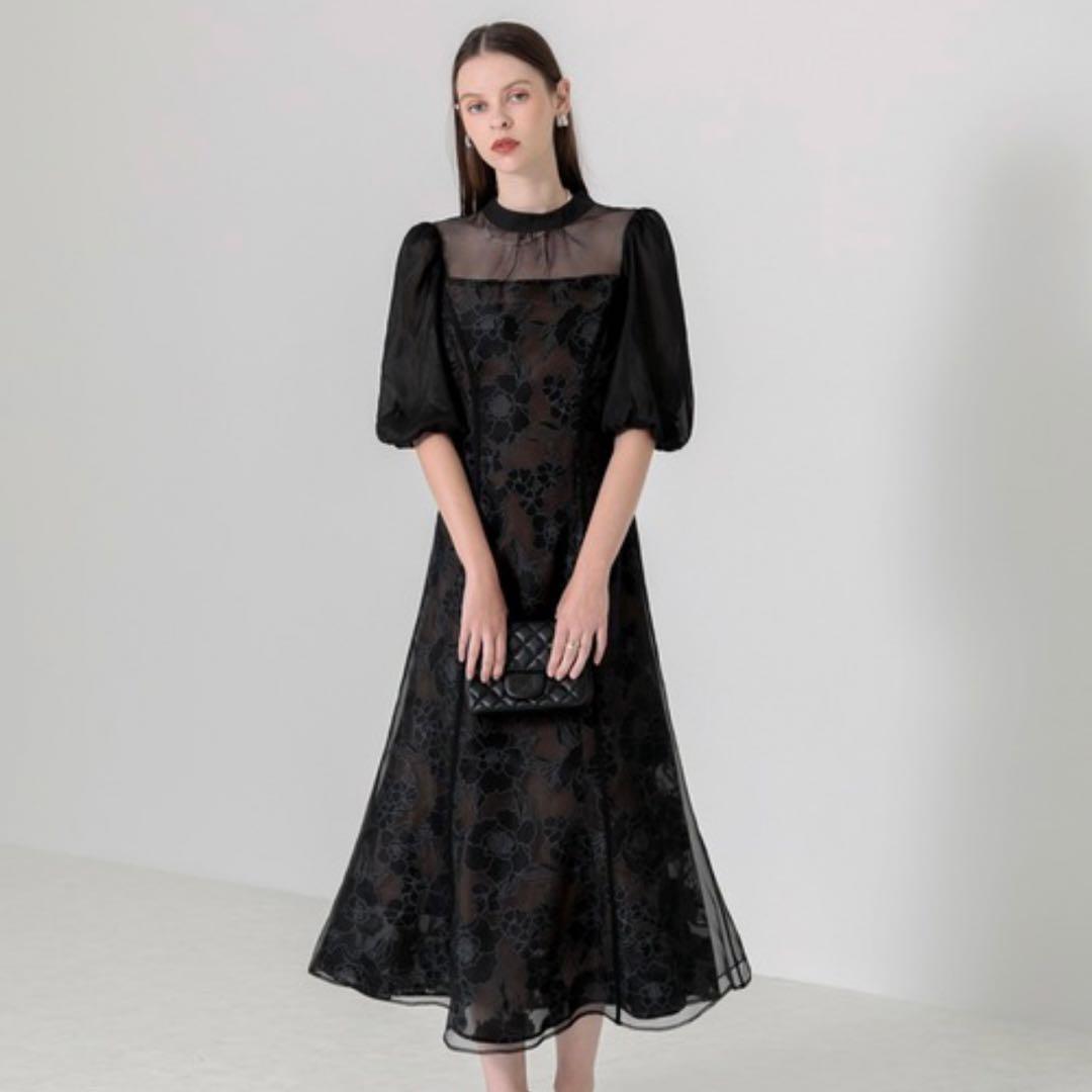 美品✨ Leja 花柄オーガンジーレース シアーパフスリーブドレス M ブラック