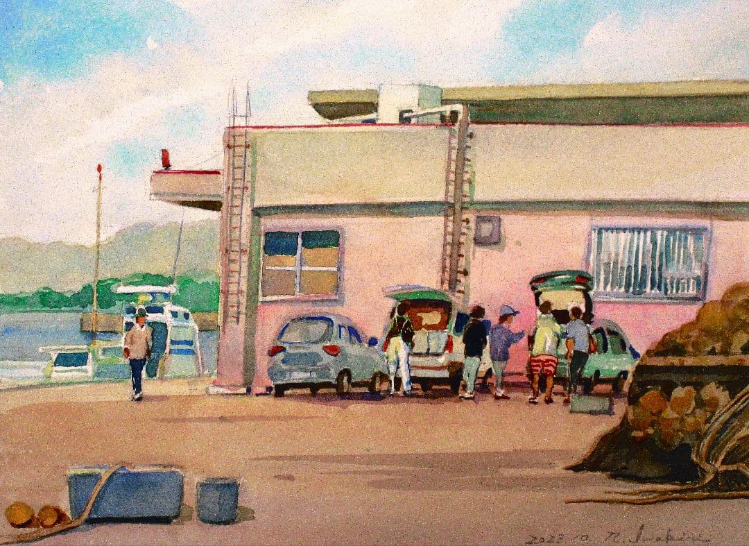 港の風景 水彩画 2023年 F6サイズ 額装済み