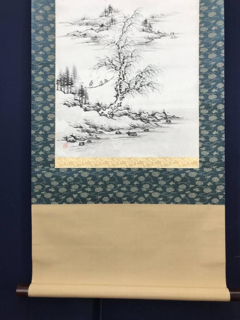 【真作】錦江/山水遊舟画賛/山水図/掛軸/名家伝来/AC-238