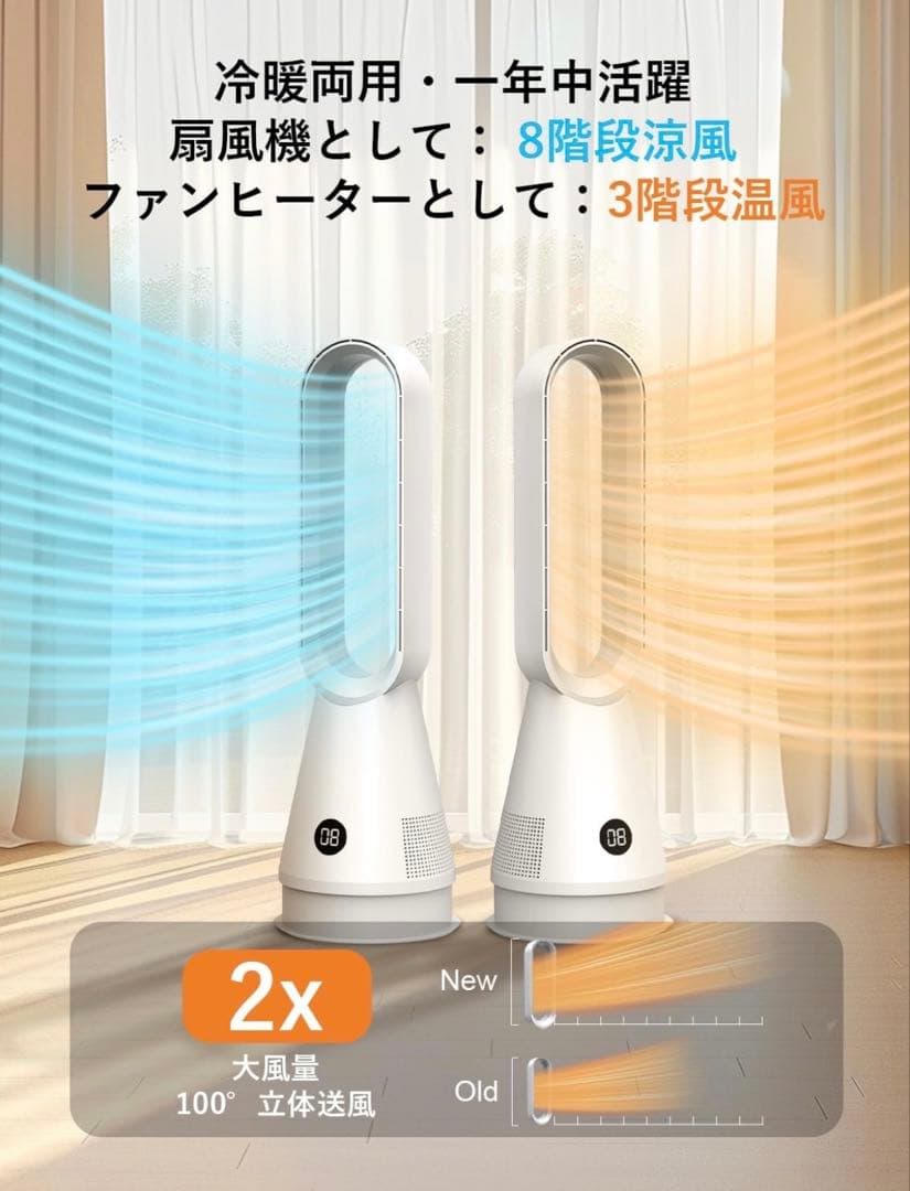 扇風機 ファンヒーター 冷暖兼用 8段階送風 3段階ヒーター 空気浄化 タワー型