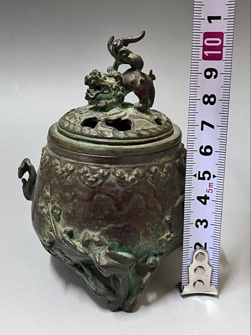 E676 香炉 元威 二上常太郎 鋳銅 獅子摘 松竹梅 三足 銅製 香道具