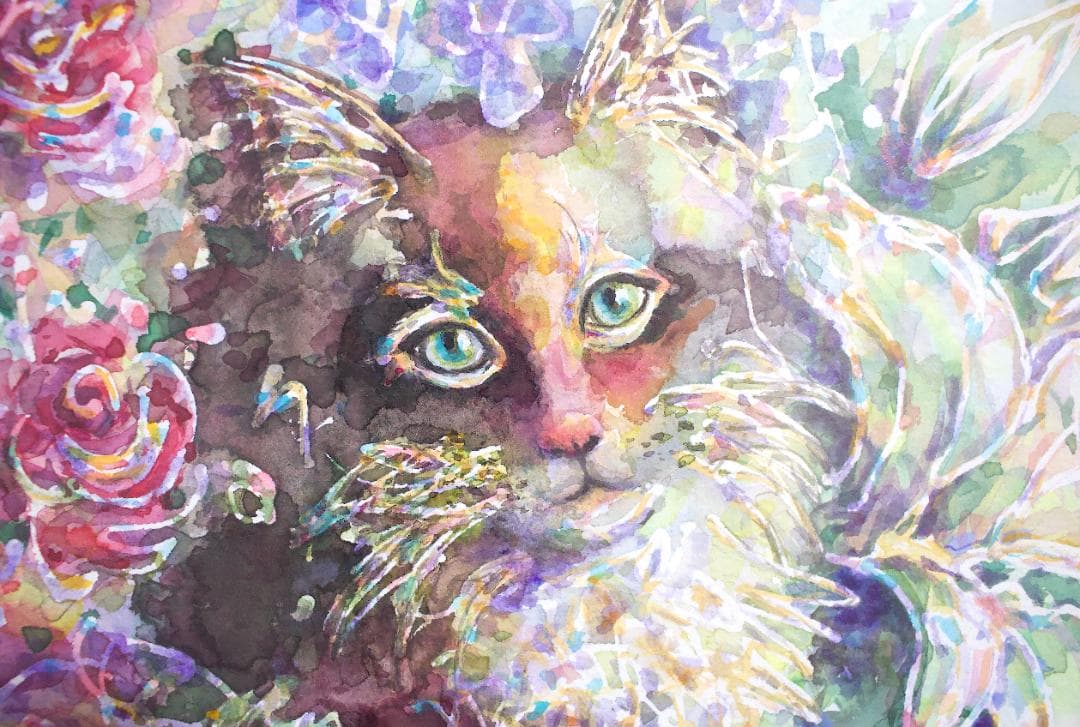 水彩画 原画 額付き「花の香り」F4 猫の絵