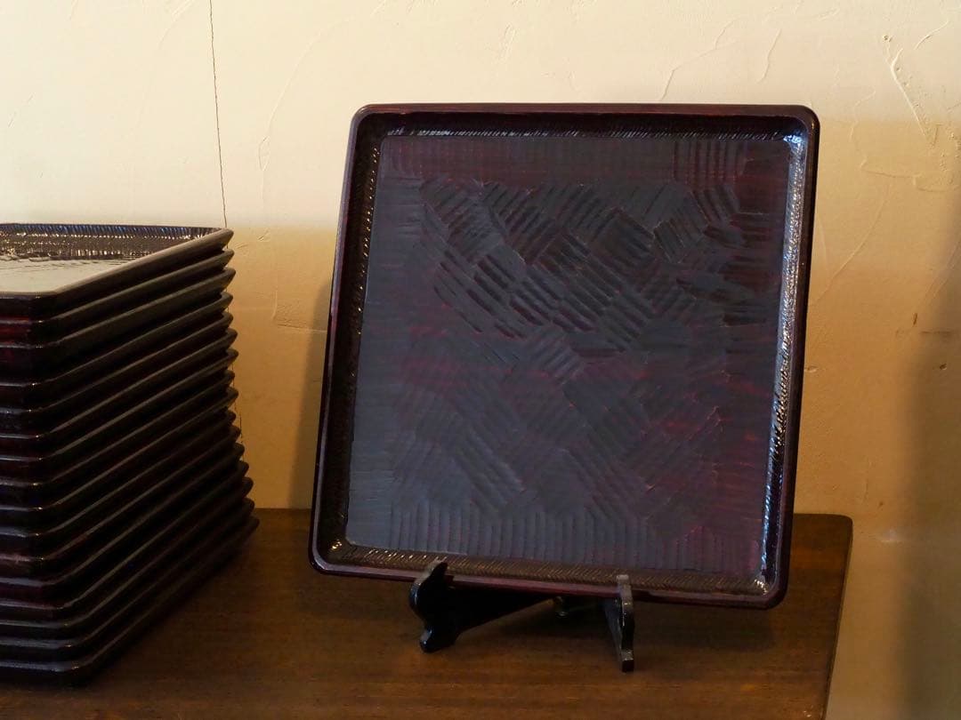 讃岐盆　木製彫刻模様入り　正方形　お盆　トレー　5客